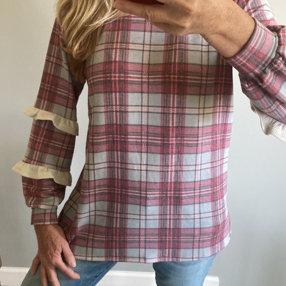 Plaid Long Sleeve with Ruffle Detail Top - Picture 10 of 10